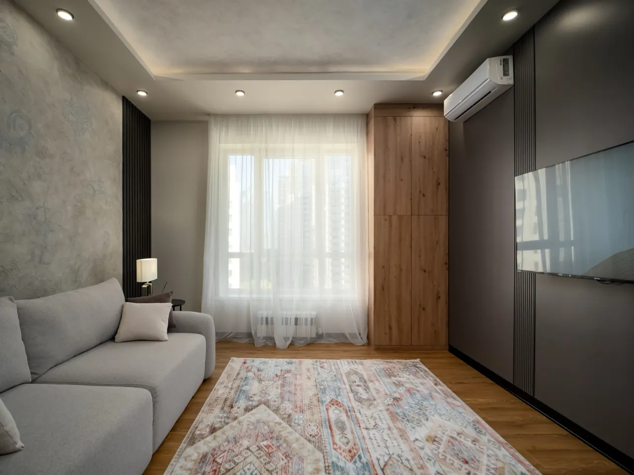 Wide view of the living room with wool rug