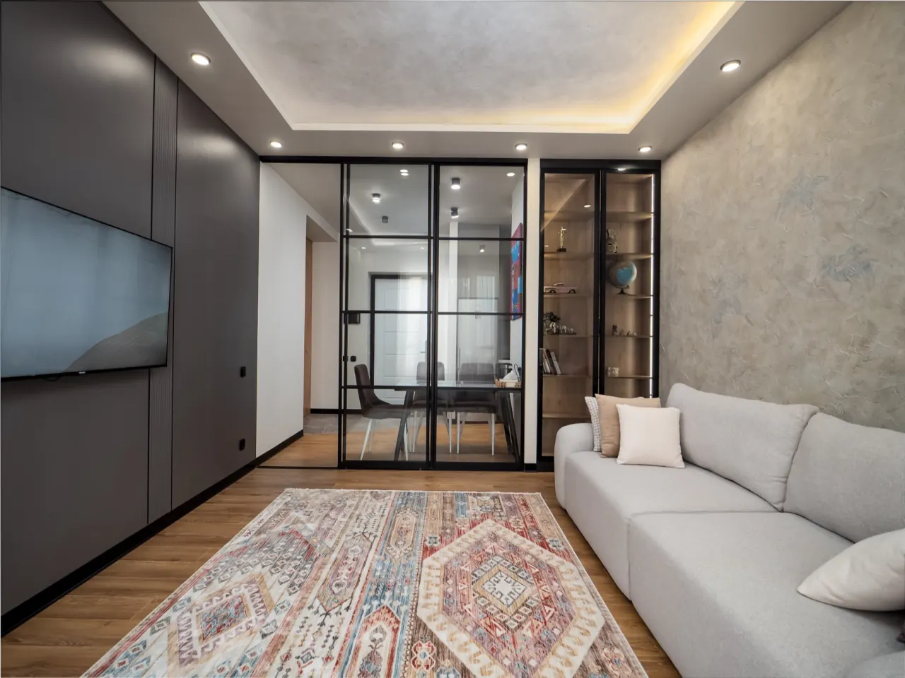 Glass partition separating the sleeping area