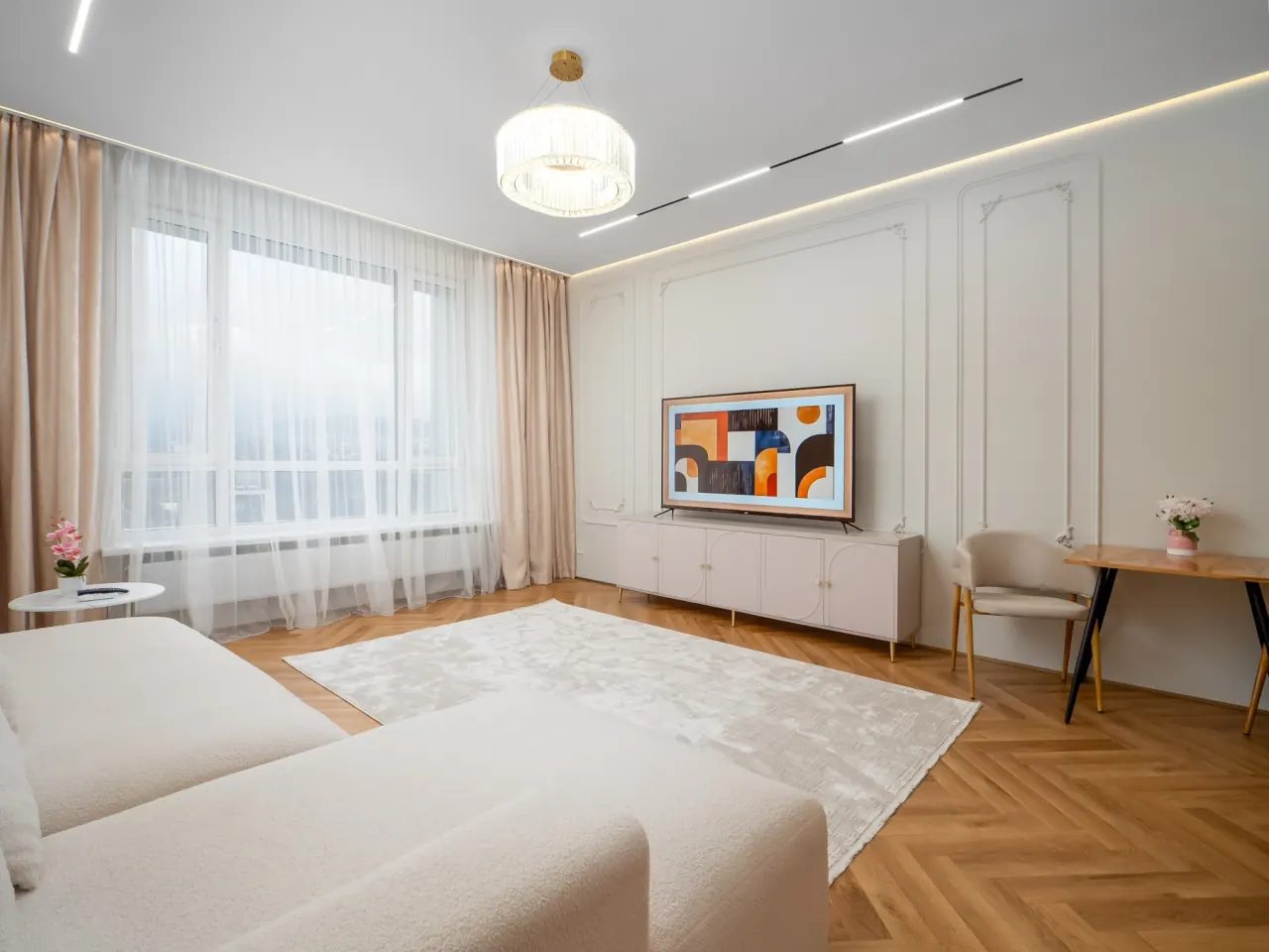 Bright living room with herringbone parquet