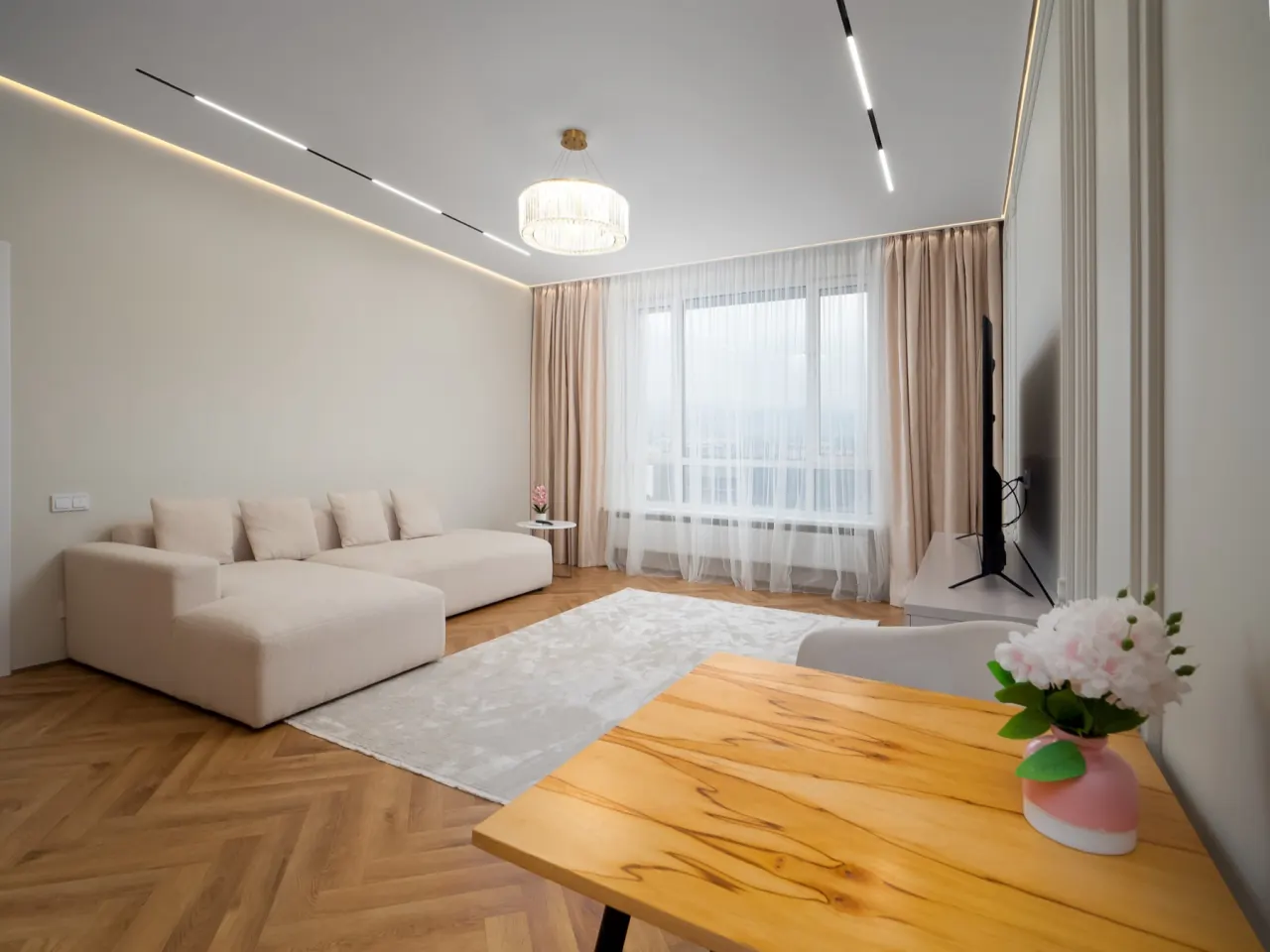 Living and dining areas in one open volume