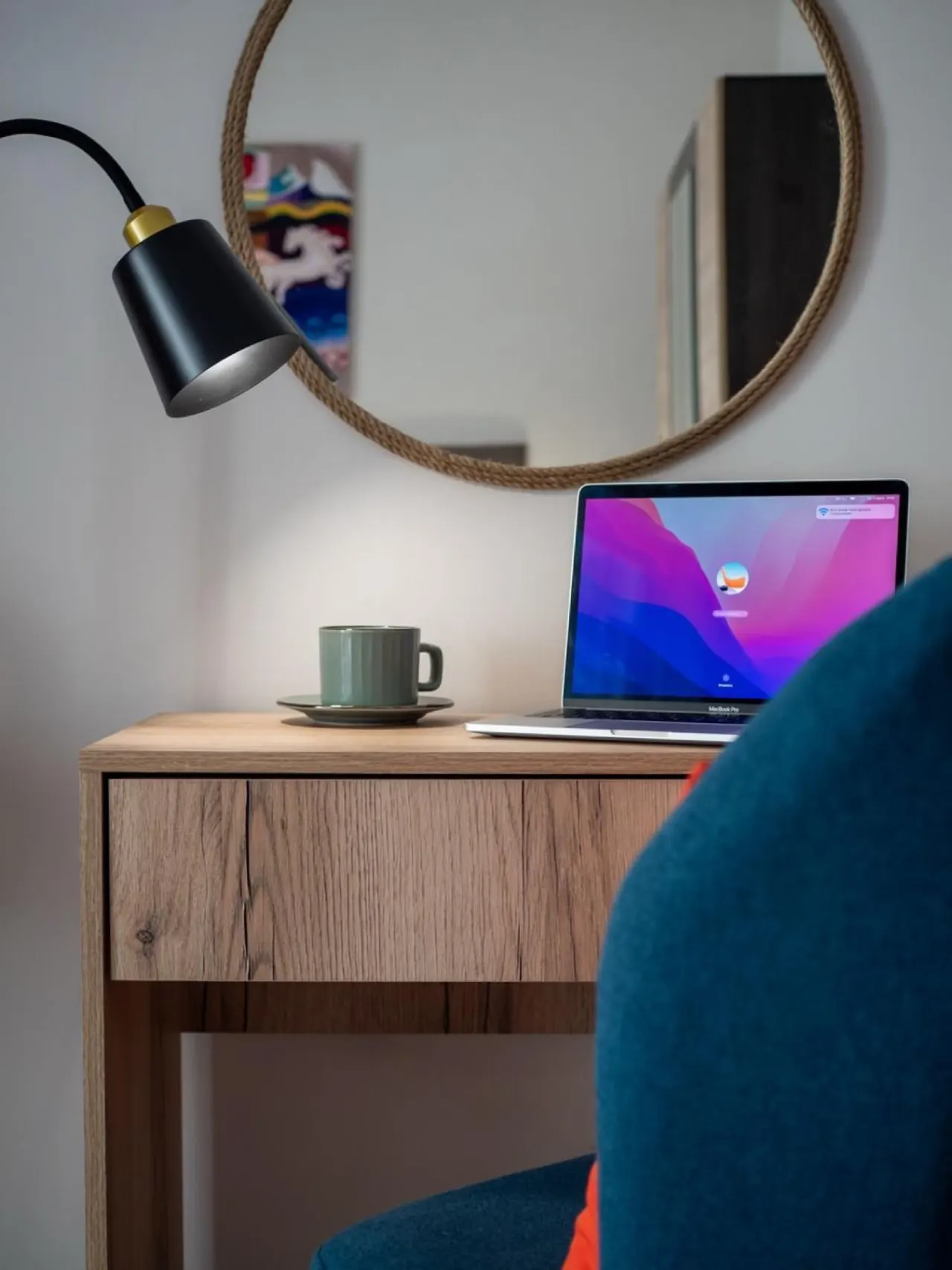 Work desk with laptop space and task lighting
