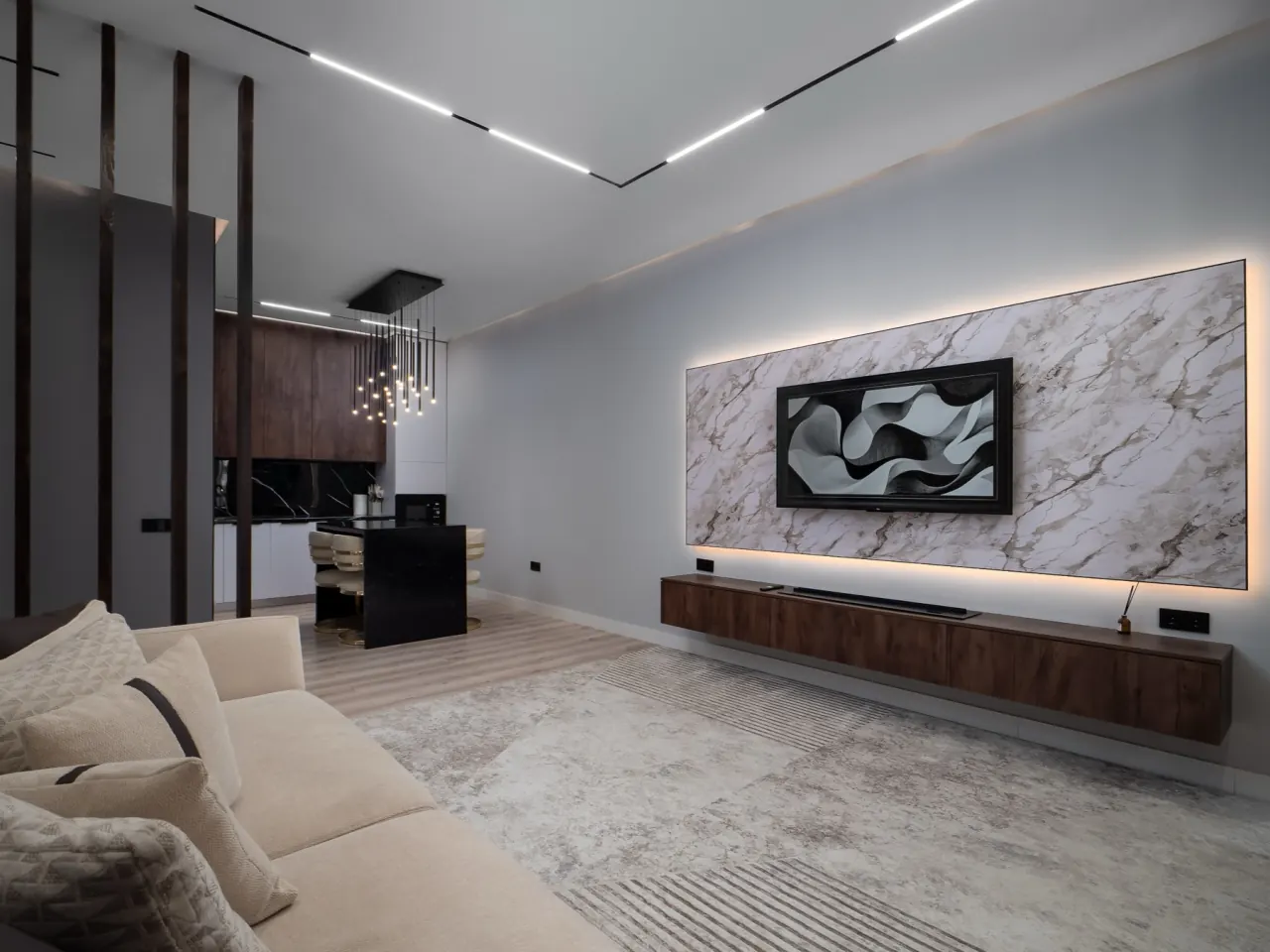 Living room with backlit marble media wall
