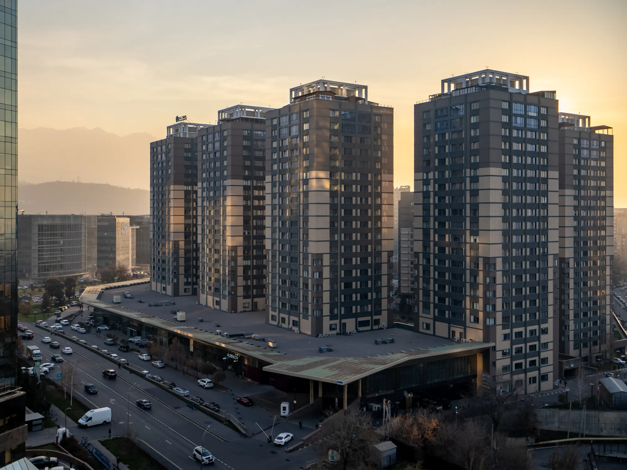 The residential towers of our Almaty portfolio at sunset
